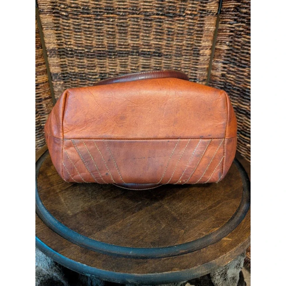 Vintage Leather Tote Bag Brown Double Handle Shoulder Purse 70s Boho Retro Large - Picture 7 of 13